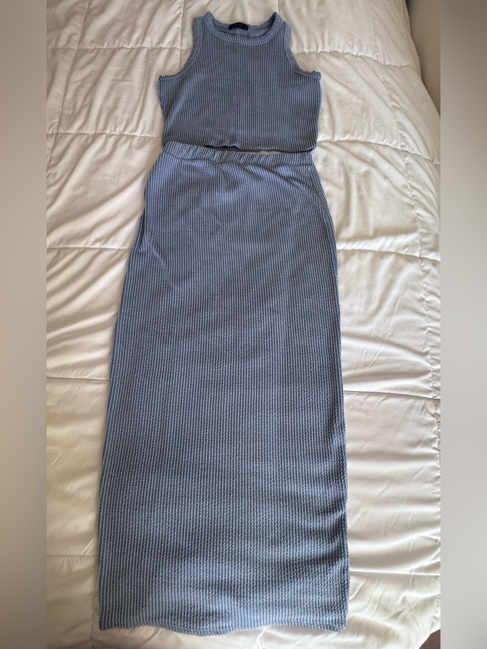 Saints Blue Ribbed Knit Two Piece Set Cropped Tank & Midi Skirt. XL - Picture 5 of 12